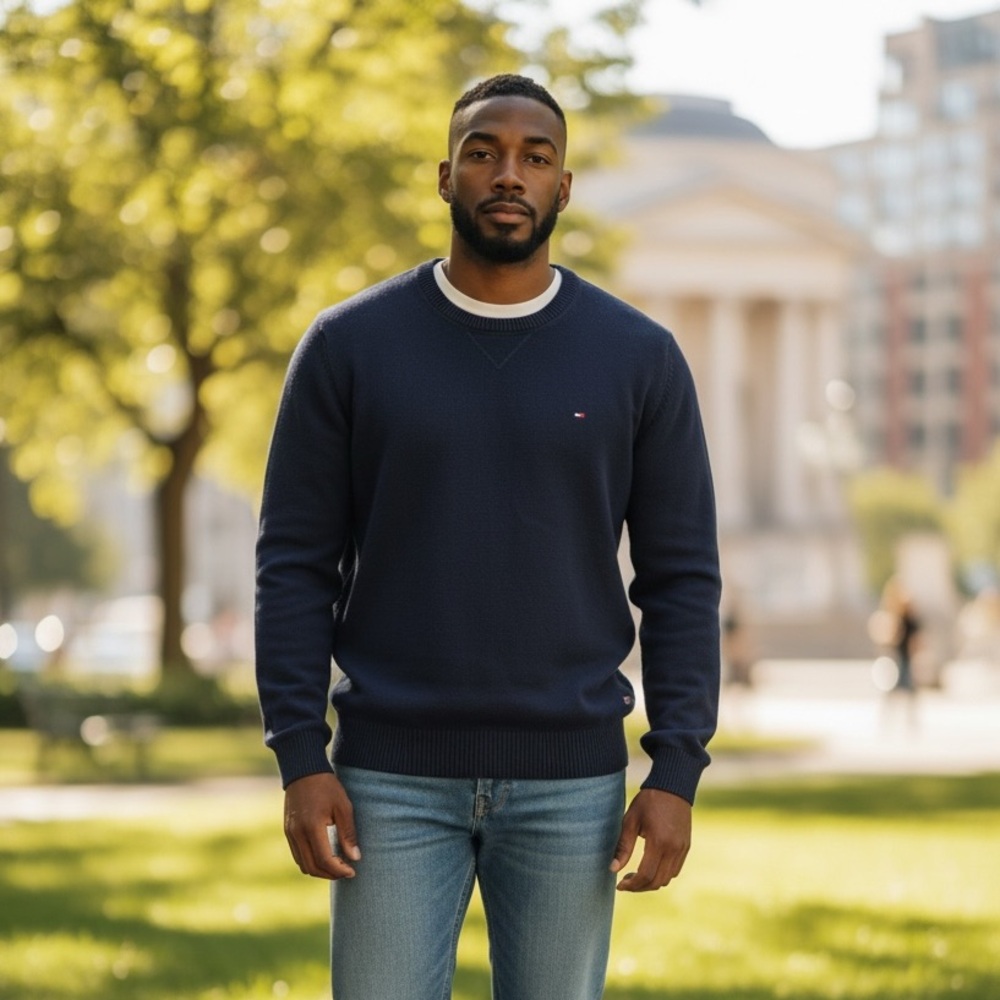 Tommy Hilfiger Men's Navy Solid Crew-Neck Cotton Pullover Sweater Size XL